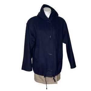 STEPHANE MATHEWS II Navy Toggle Coat Wool Plaid Detail Hood Pockets VINTAGE